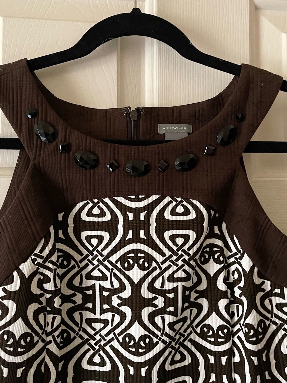 Semi formal Ann Taylor with embellished yoke and tribal pattern damask bodice.